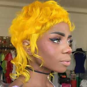 Sunshine Yellow Curly Mullet Wig- Human Hair