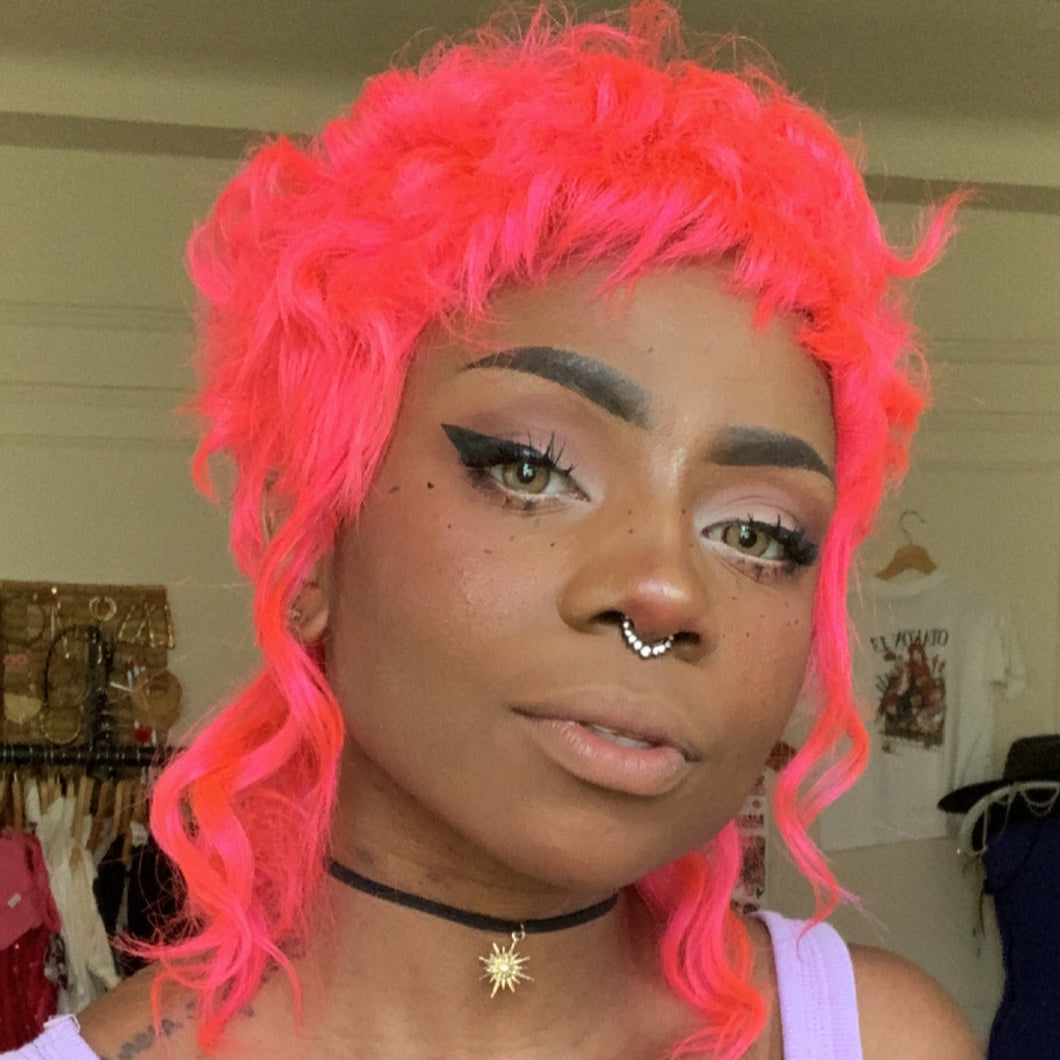 High Voltage Pink Curly Mullet Wig- Human Hair