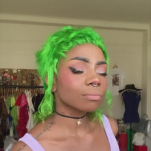 Load and play video in Gallery viewer, Lizard Green Micro Curly Mullet Wig- Human Hair
