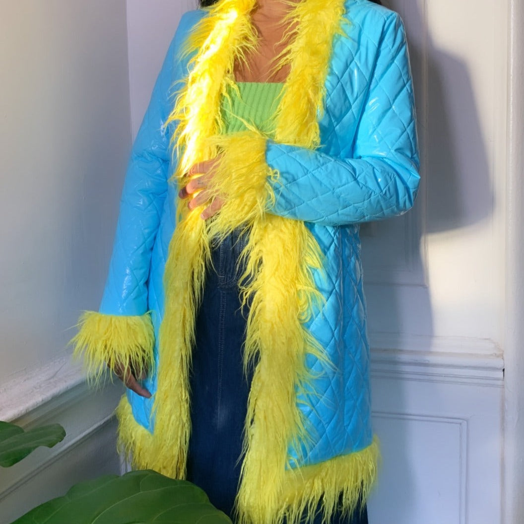 Blue Bubble Coat Faux Fur Trim